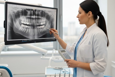 Стоматолог изучает рентгеновский снимок