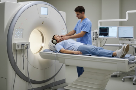 Врач готовит пациента к МРТ